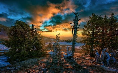 Landscape Nature Fall Sunset Clouds Snow Trees Hill