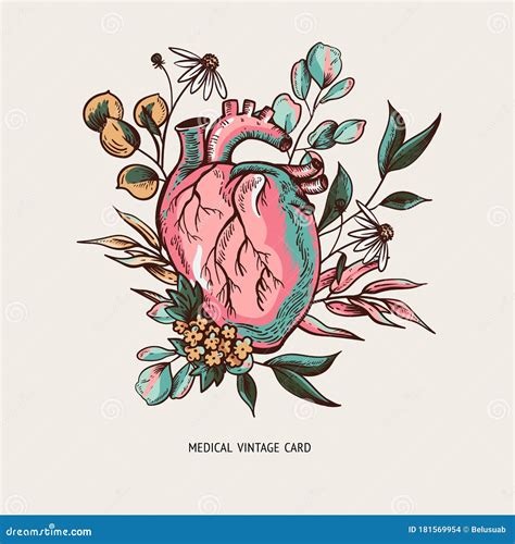 Vector Human Heart Illustration With Flowers Natural Card Healthy