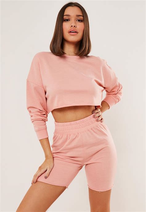 Pink Cropped Sweatshirt And Shorts Co Ord Set | Missguided