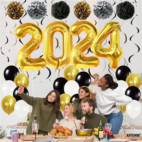 Katchon Black And Gold Happy New Year Decorations 2024 Set Huge