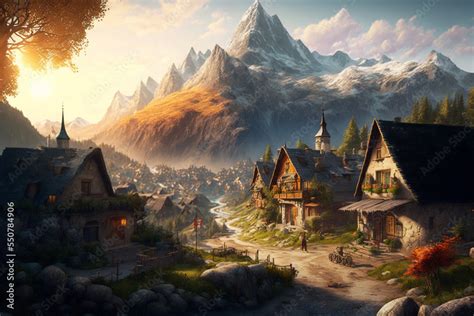 Concept Art Illustration Of Fantasy Village In The Mountains