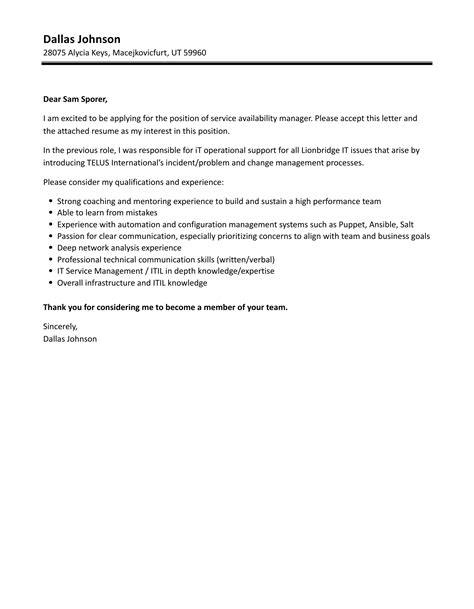 Service Availability Manager Cover Letter Velvet Jobs