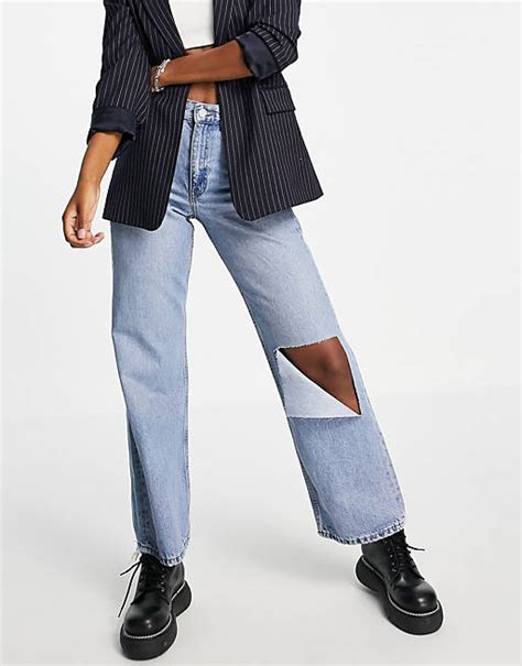 Dr Denim Echo Jean Droit à Taille Haute Avec Genou Déchiré Bleu Asos