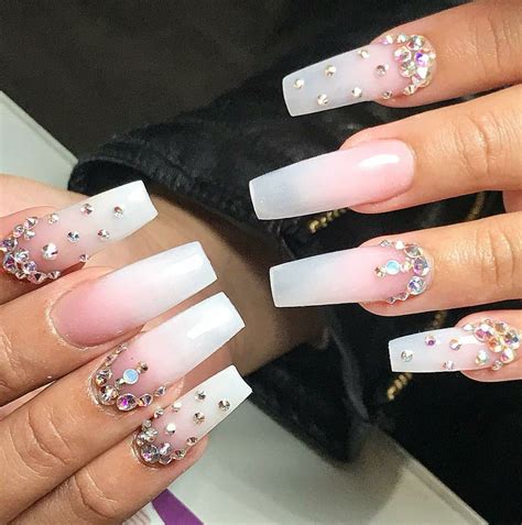 Long Square Nails Nails With Rhinestones Ombre Nails Pink And White