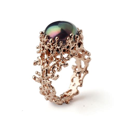 Coral Black Pearl Wide Rose Gold Ring With Images Black Pearl Ring