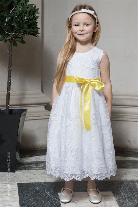 Girls White Lace Dress Flower Girl Dress With Lemon Satin Sash