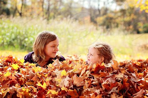 Fall Autumn Leaves Playing Sisters Children Kids Leaf Pile Fun