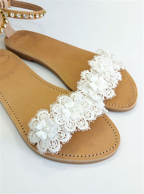 Bridal Lace And Pearls Sandals Wedding Flat Leather Sandals White