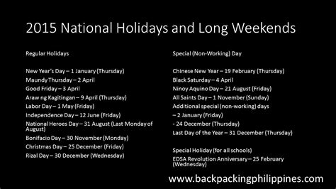 Backpacking Philippines And Asia List Of 2015 Holidays And Long