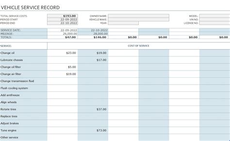 Vehicle Service Record Template In Excel Downloadxlsx