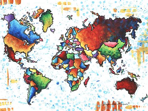 Original Vibrant Colorful World Map Pop Art Style Painting By Megan