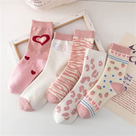 💰kaufe 1pair Pink Series Cute Print Cotton Socks Women Socks Japanese Style Mid Tube Stockings