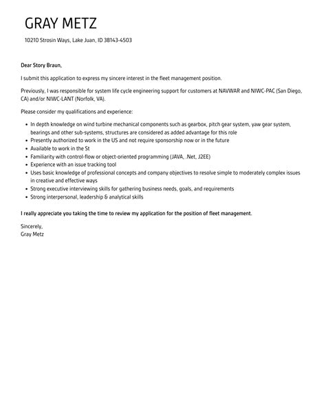 Fleet Management Cover Letter Velvet Jobs