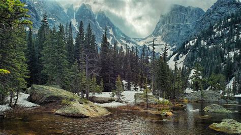 Nature Landscape Mountain Forest Lake Rock Pine Trees Wallpaper