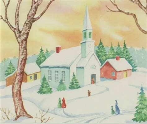 Vtg 1940s Snowy Christmas Village Church Scene Water Color Greeting