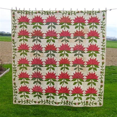 Antique 19th Century Colonial Tulips Pattern Appliqued Quilt From