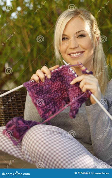 Woman Knitting Outdoor Stock Image Image Of Female Woolen 31344445