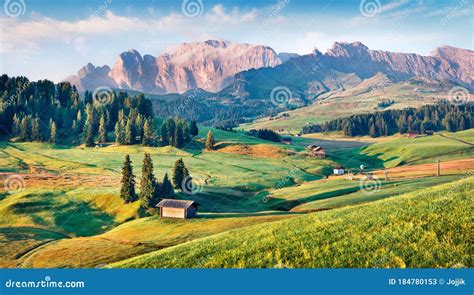 Sunny Morning Scene Of Compaccio Village Seiser Alm Or Alpe Di Siusi