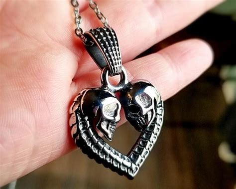Double Skull Heart Necklace Gothic Jewelry Skull Pendant Oddities