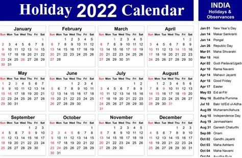 2022 Calendar With Indian Festivals