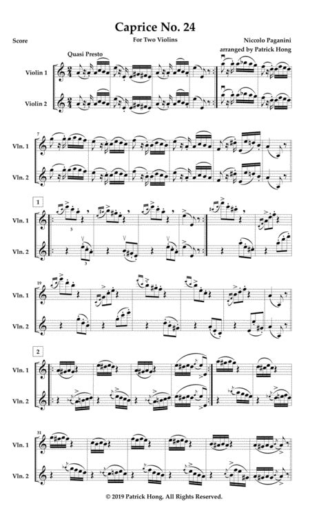 Paganini Caprice 24 For Two Violins Music Sheet Download
