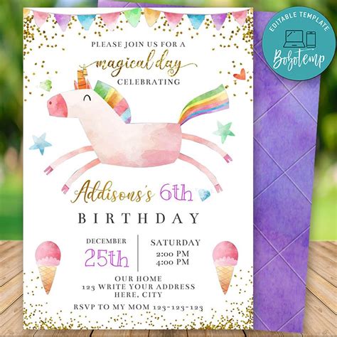 Printable Magical Unicorn Invitation 6th Birthday Invitation Diy Bobotemp