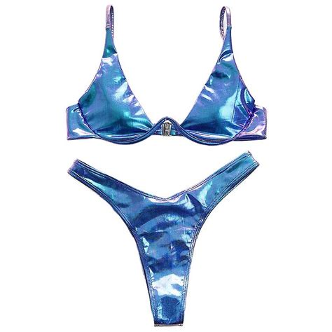 Frauen Sommer Sexy Brasilianischer Bikini Set Holographic Shiny Metallic Badeanzug Push Up