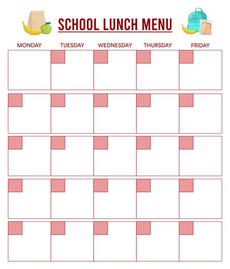 School Lunch Menu Template Printable Weekly Menu Template Printable