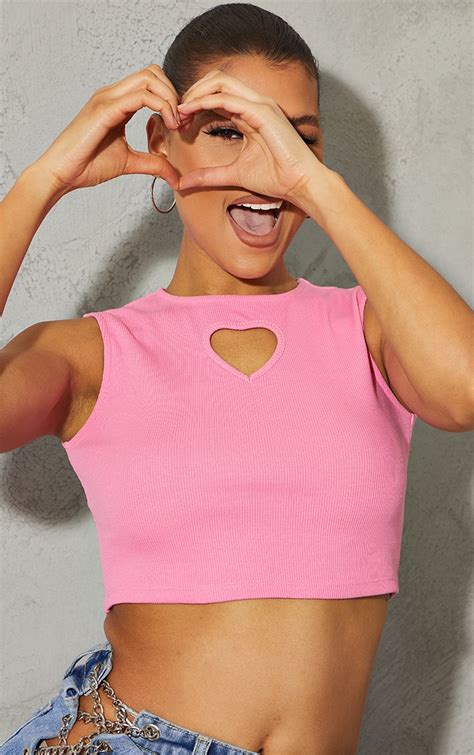 Baby Pink Rib Heart Cut Out Crop Top Tops Prettylittlething