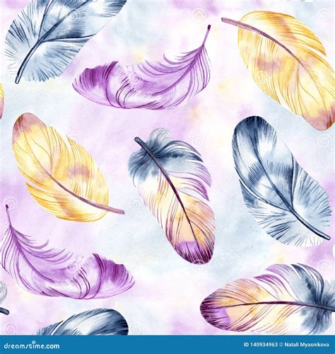 Vintage Feathers Design Retro Watercolour Seamless Pattern Isolated