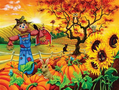 Scarecrow And Friends Fall Autumn Orange Falling Halloween Bonito Foliage Hd Wallpaper