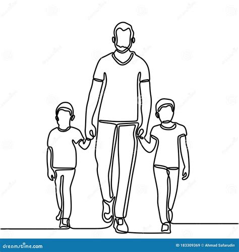 Dibujo De Una Línea De Padre Y Sus Dos Hijos Tomados De La Mano