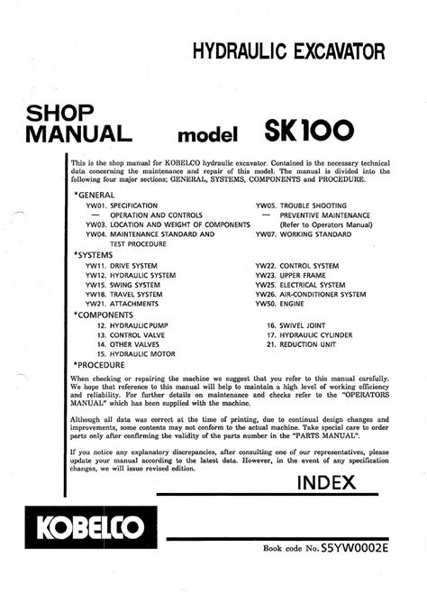 Kobelco Sk100 Hydraulic Excavator Workshop Repair Service Manual Pdf