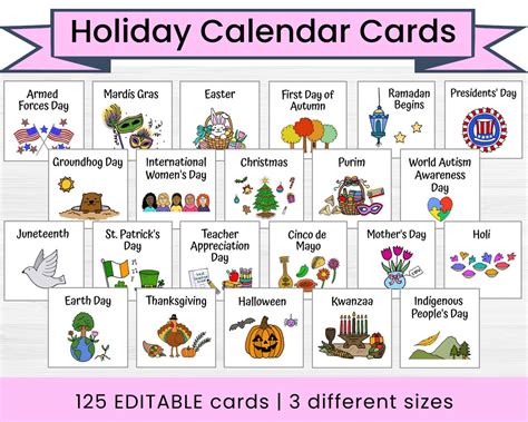 Holiday Calendar Cards American Holidays And Observances Editable