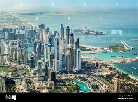 Aerial View Of Dubai Marina Skyline With Dubai Eye Ferris Wheel United