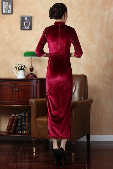 Traditional Long Velvet Cheongsam Dress Red Qipao Cheongsam