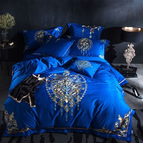 Select the department you want to search in. 7pc Luxury Royal Blue Gold Jacquard Queen Egyptian Cotton ...