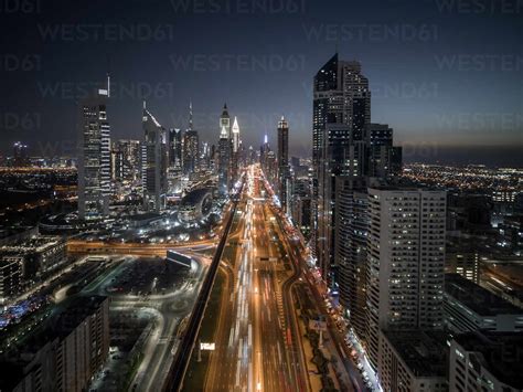 Aerial View Of Sheikh Zayed Road In Dubai City Centre A Busy And Large
