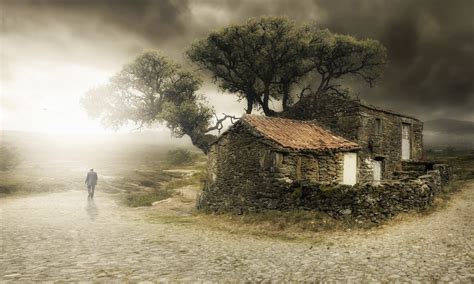 House Trees Clouds Old Nature Gray Mist Landscape Wallpapers Hd