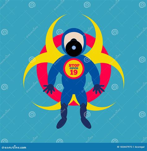 Stop Covid 19 Cartoon Character In Protective Costume On Blue