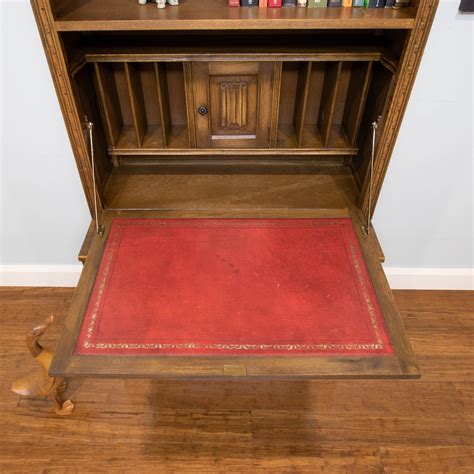 6659 Vintage Carved Oak Bookcase Linenfold Drop Front Desk