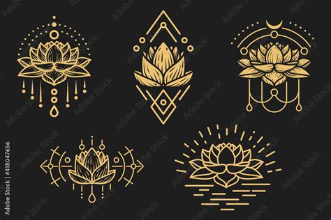 Set Of Hand Drawn Golden Lotus Flower With Sacred Geometry Elements