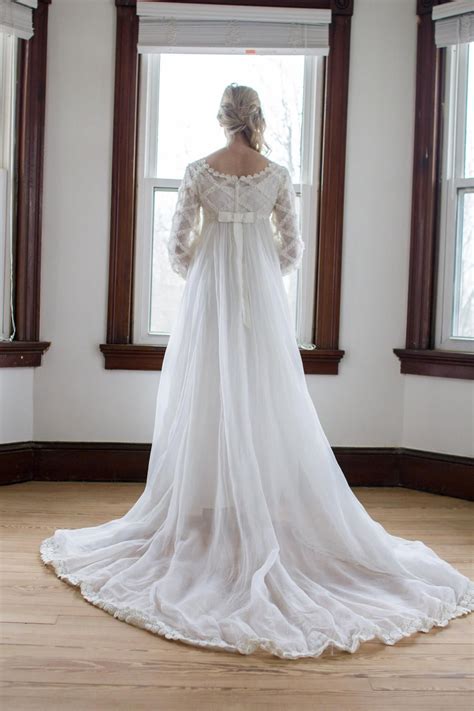 Vintage 1960s Silk Chiffon Empire Waist Wedding Gown Long Sleeves