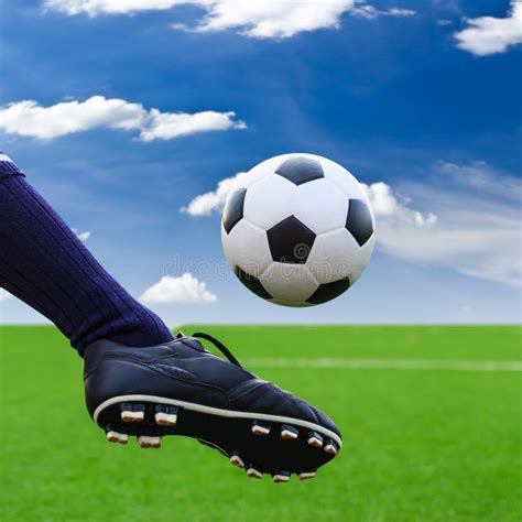 Foot Kicking Soccer Ball To Goal Stock Photo Image Of Meadow