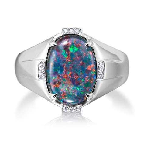 Natural Opal Ring 18k White Gold And Genuine Diamonds Rare Etsy Black
