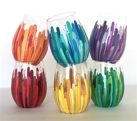 Rainbow Collection Color Burst Wineglass Set Of 6 Hand Painted 20oz Glasses Etsy