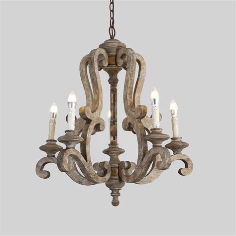 Cottage Style Distressed 5 Light Candelabra Chandelier With Scrolled