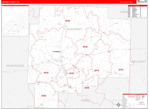 Guernsey County, OH Zip Code Wall Map Red Line Style by MarketMAPS