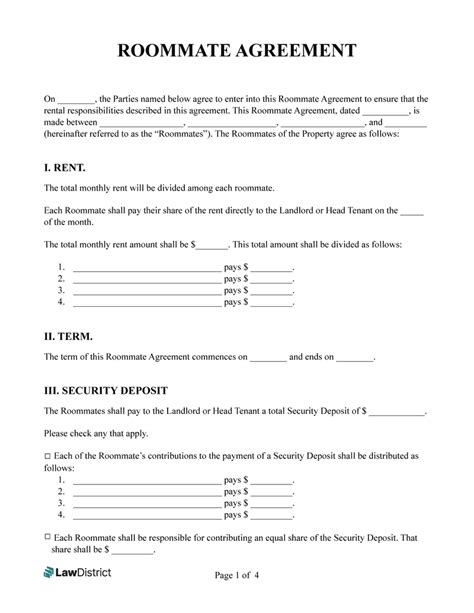Roommate Agreement Template Roommate Contract Lawdistrict