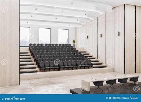 Modern Wooden Auditorium Interior With Seatings City View And Daylight